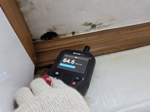 영종구 누수탐지 안방 천장 모서리에 번진 얼룩과 벽지 들뜸을 확인하는 모습